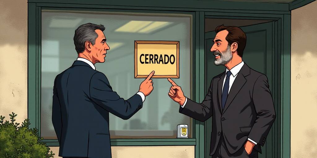 two men in suits standing outside of a store with a sign that says cerrado on it and pointing to the