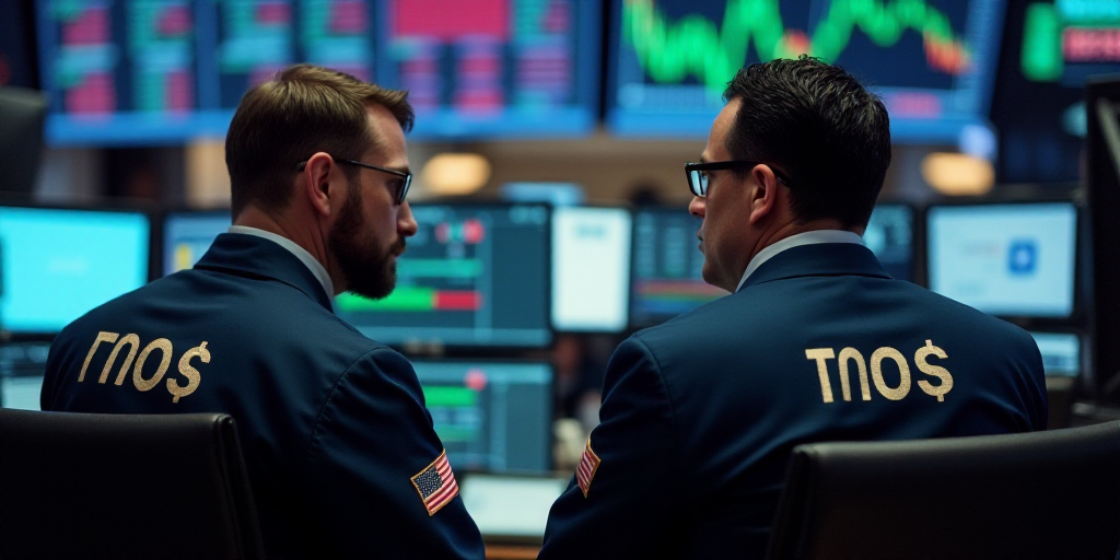 two men looking at a computer screen in a stock market with price tags on their jackets and ties on