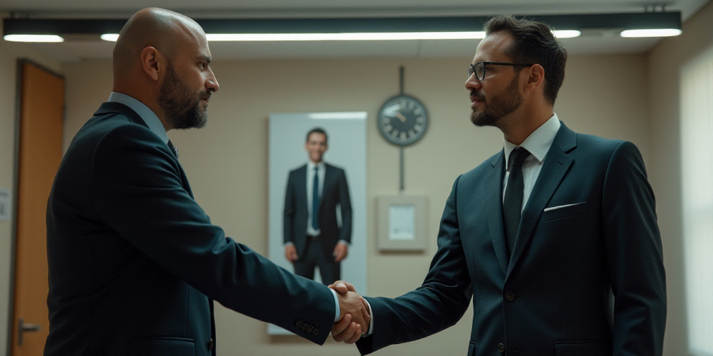 two men shaking hands in a room with a clock on the wall behind them and a poster of a man in a suit