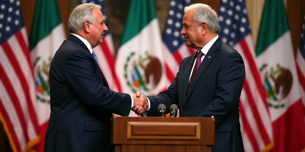 two men shaking hands in front of flags and a podium with a mexican american flag on it and a mexica