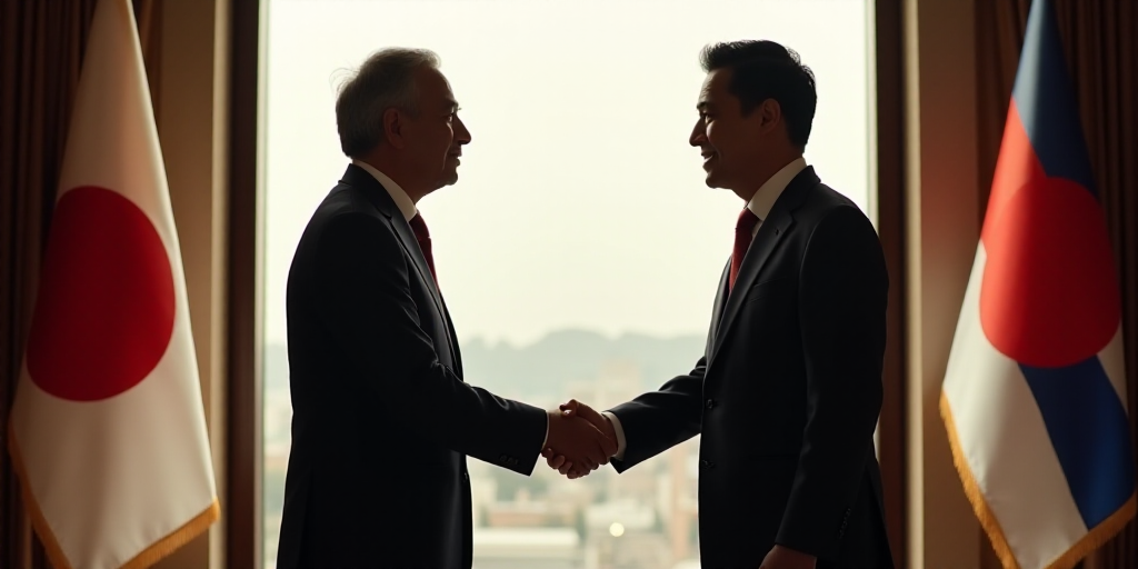 two men shaking hands in front of a flag and window with a flag behind them and a flag behind them,