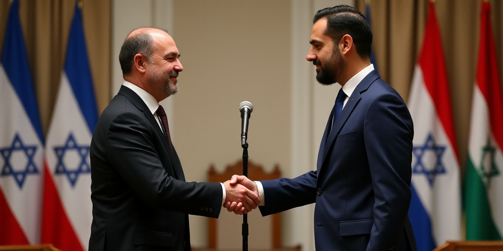two men shaking hands in front of flags and a microphone in a room with curtains and curtains behind