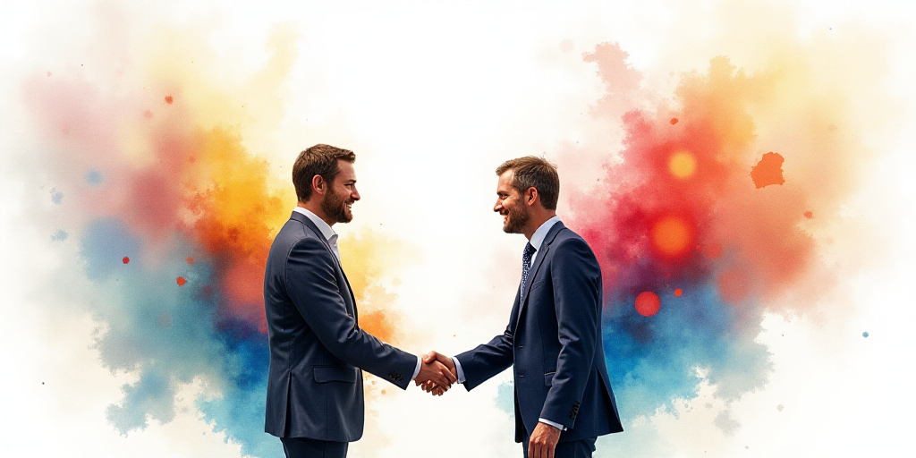 two men shaking hands in front of a colorful background with watercolor stains on it and a white bac