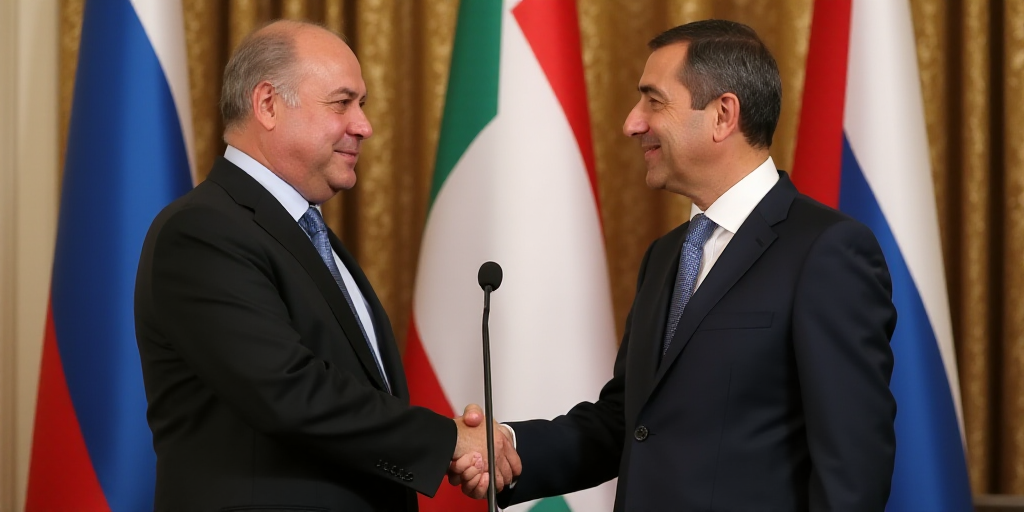 two men shaking hands in front of flags and a microphone in a room with curtains and curtains behind