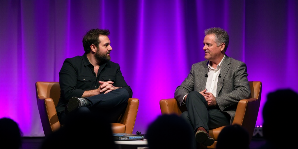 two men sitting on chairs talking on stage with a purple background and a purple and white backdrop