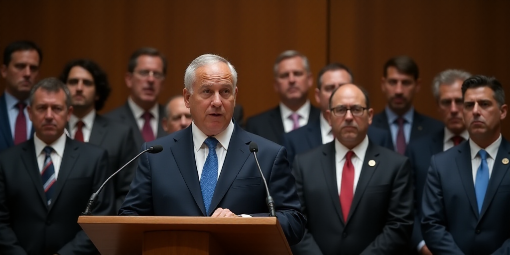 two men standing at podiums in front of a crowd of people in suits and ties, with one man speaking,