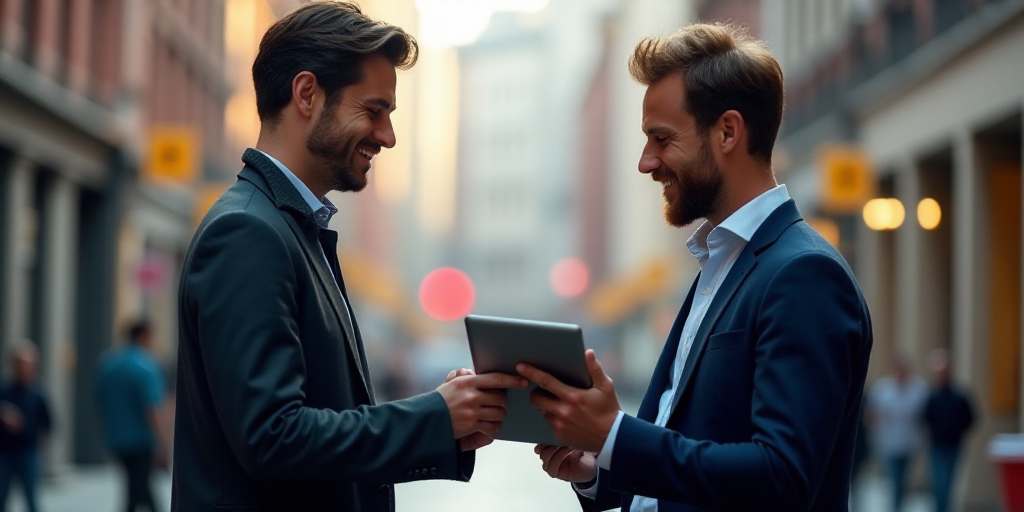 two men standing next to each other holding a tablet computer in their hands and looking at it with