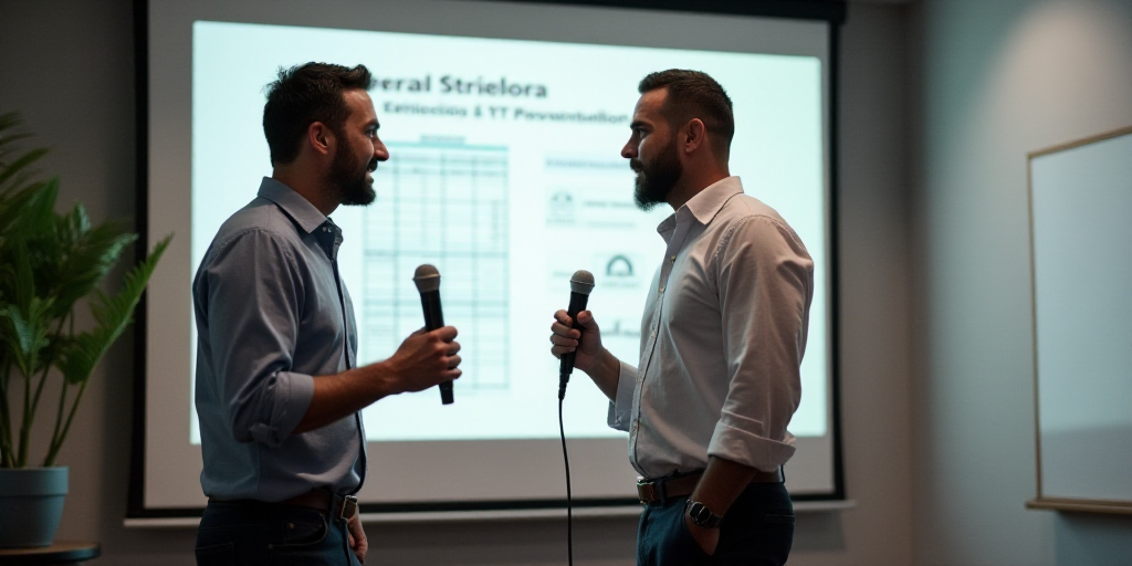 two men standing next to each other in front of a whiteboard with a presentation on it and a microph