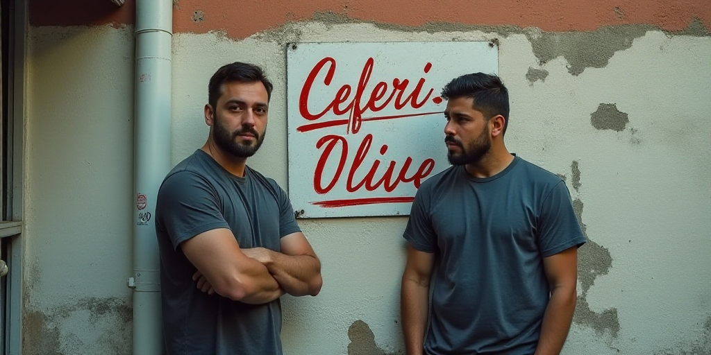 two men standing next to each other in front of a wall with a sign on it that says and publica, Cefe