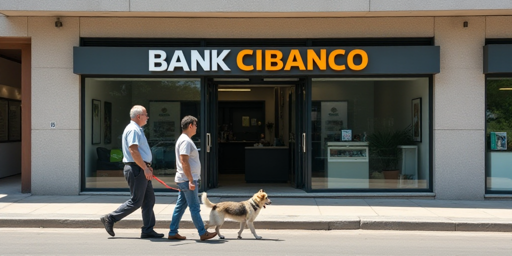 two men walking a dog in front of a bank with a sign that says bank cibanco on it, Carlos Berlanga,