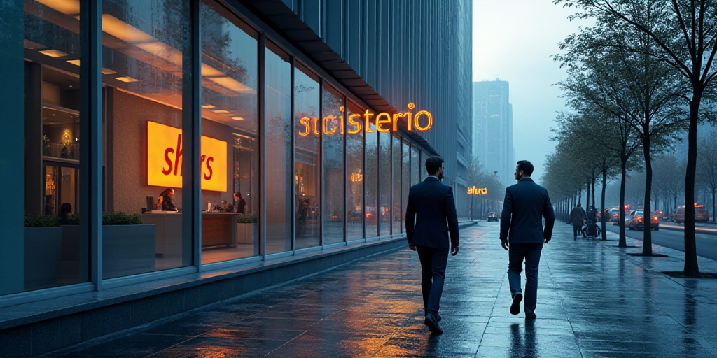 two men walking down a sidewalk past a building with a sign on it that says shcrs on it, Dahlov Ipca
