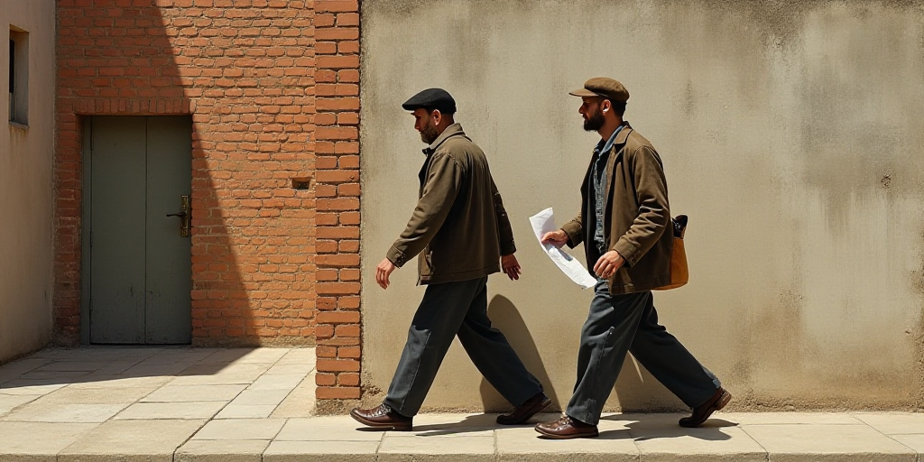 two men walking past a building with a brick wall and a cement block wall behind them, one of them c