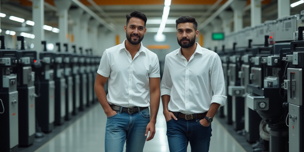 two men walking through a factory with machines and machinery in the background and a man in a white
