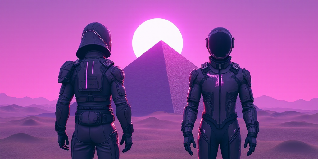 two people in futuristic suits standing next to each other with a pyramid in the background and a pu