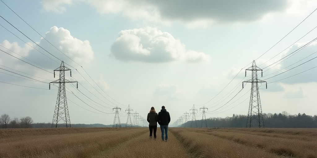 two people standing in a field with power lines in the background and a sky with clouds above them a