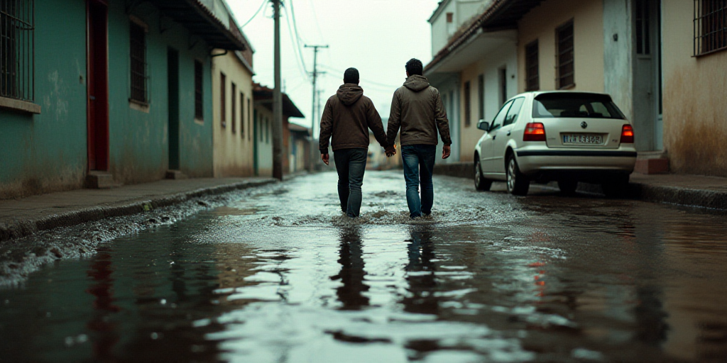 two people standing in a flooded street with a car parked on the side of the street and a building i