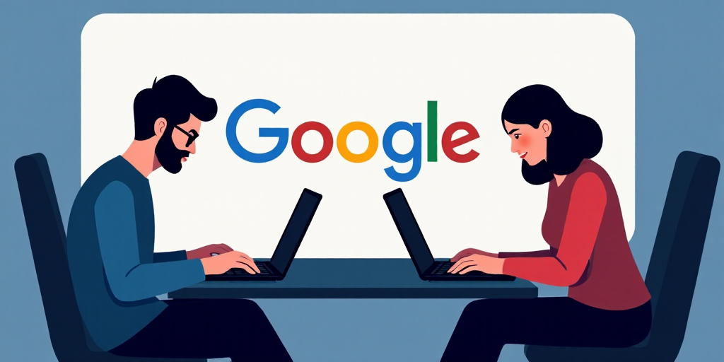 two people using their laptops in front of a logo of the company google, which is also the largest o