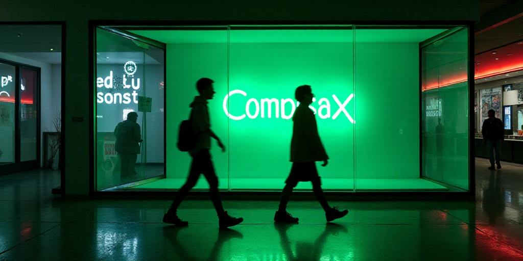 two people walking past a display of a computer screen in a building with neon lights on it and a ne