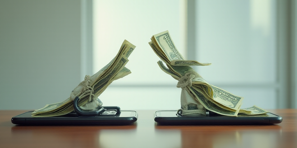 two phones with money coming out of them, one is on the phone and the other is on the phone, Andries