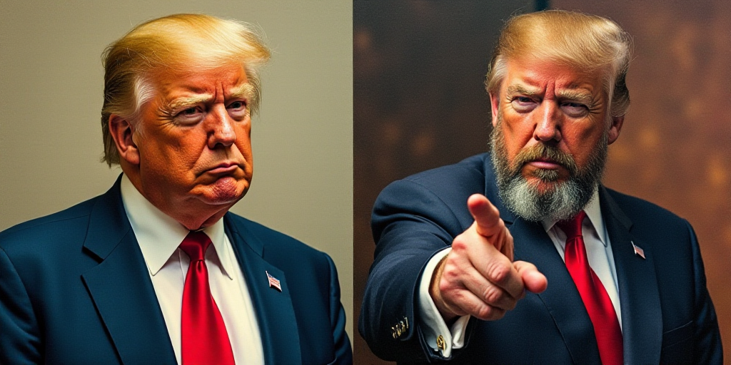two photos of donald trump and a man with a beard and a suit jacket and tie, one of which is pointin
