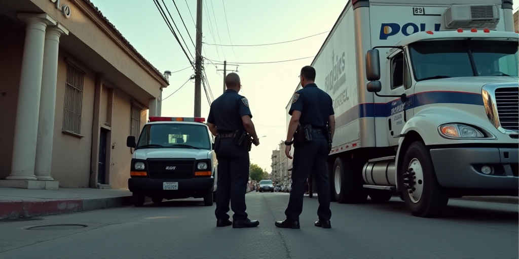 two police officers standing in the street next to a truck and a building with a sign on it that say