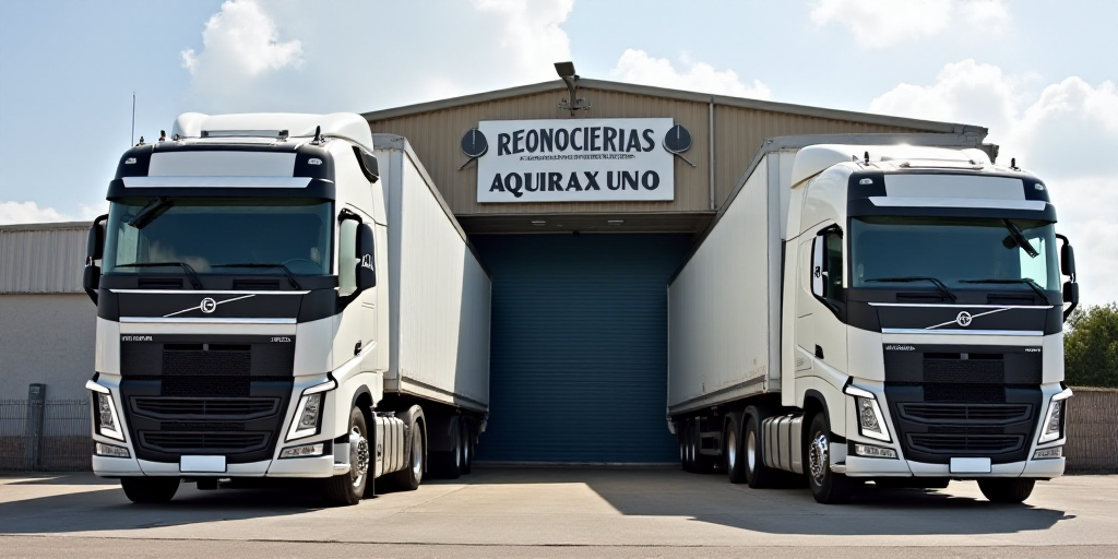 two semi trucks are parked in front of a building with a sign that reads reconocimentoo aduannero, A