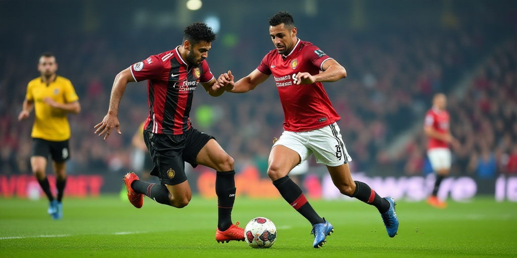 two soccer players are fighting over the ball on the field during a game in a stadium with a crowd w