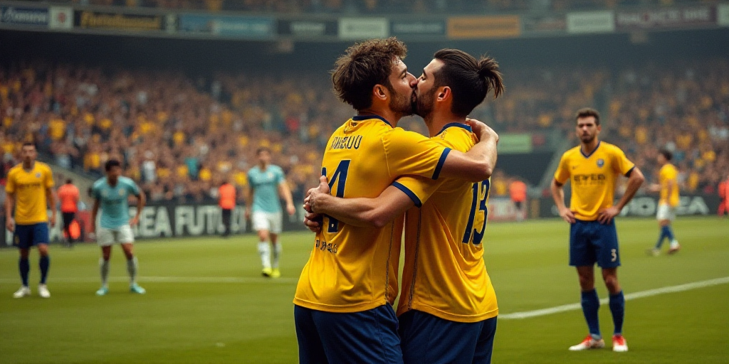 two soccer players are hugging each other while the other team mates look on in anticipation of the