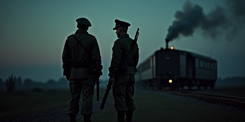 two soldiers standing next to each other at night with a train in the background and smoke coming ou