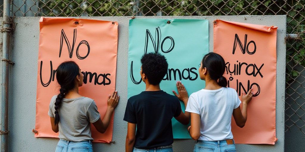 two women are hanging up signs on a wall with a fence behind them that says no unaamas, Aquirax Uno,