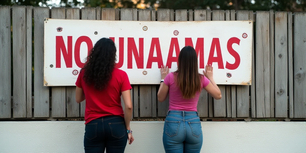 two women are hanging up signs on a wall with a fence behind them that says no unaamas, Aquirax Uno,