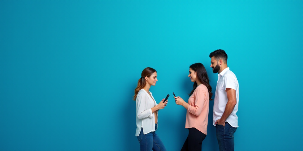 two women are standing in front of a blue background with a cell phone in their hand and a man in a