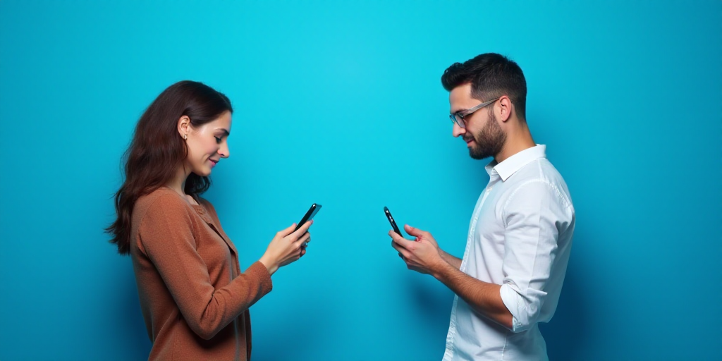 two women are standing in front of a blue background with a cell phone in their hand and a man in a