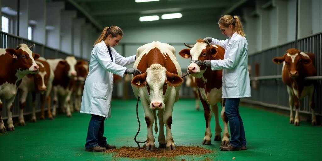 two women in white coats are working on cows in a barn with green flooring and a ceiling with lights