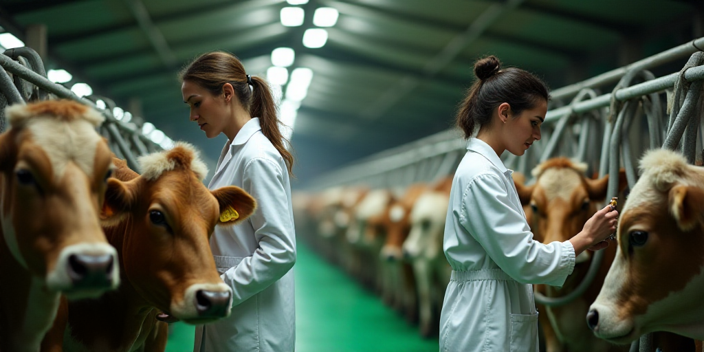 two women in white coats are working on cows in a barn with green flooring and a ceiling with lights
