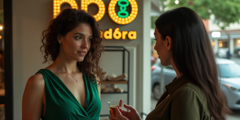 two women standing in front of a sign that says bbva and a woman in a green dress is talking to anot