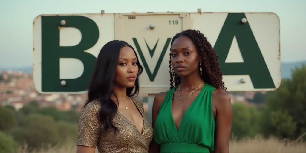 two women standing in front of a sign that says bv a and a woman in a green dress, Aramenta Dianthe