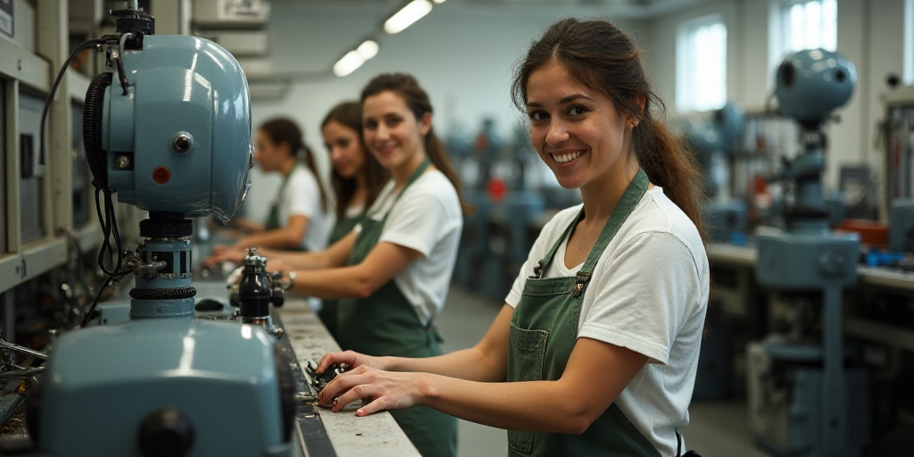 two women working on a machine in a factory with other workers in the background looking on and smil