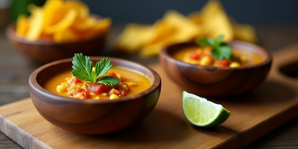 two wooden bowls filled with soup and a lime slice on a cutting board next to a bowl of chips, Altic