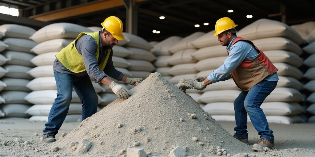 two workers are working on a large amount of bags of cement in a factory area with stacks of cement