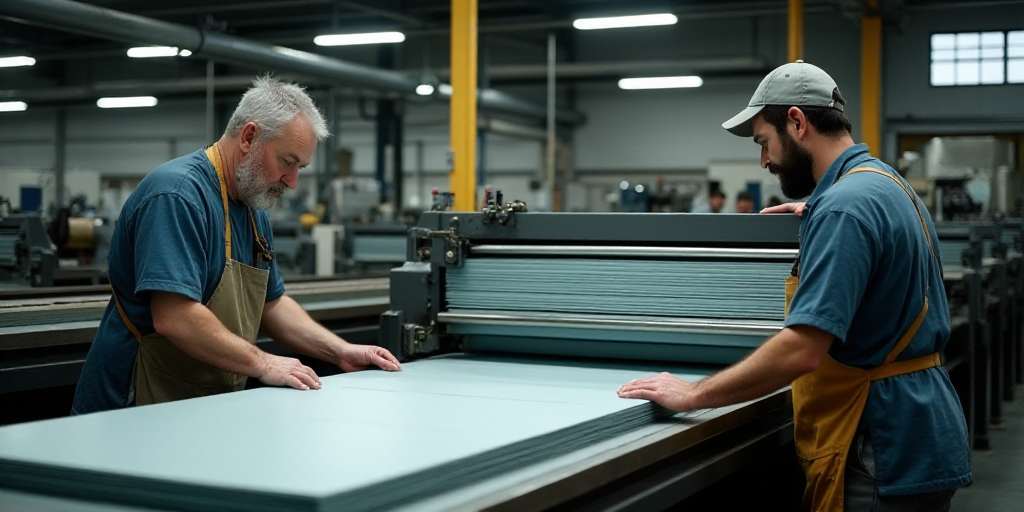 two workers are working on a machine in a factory with a large amount of metal sheets on the machine