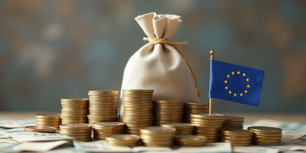 a bag of money next to stacks of stacks of euro coins and a bag of money with the flag of the united