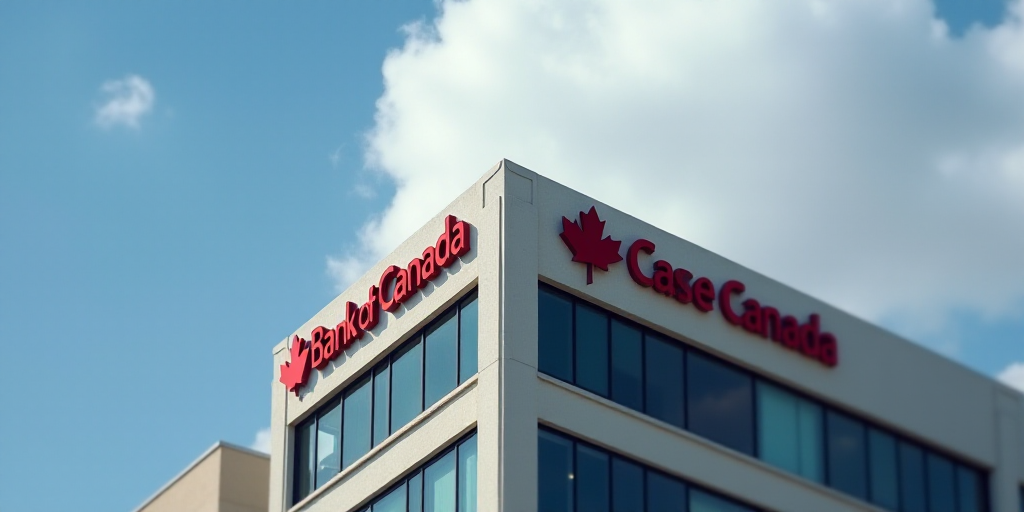a bank of canada sign on the side of a building in canada, with a sky background and a building with