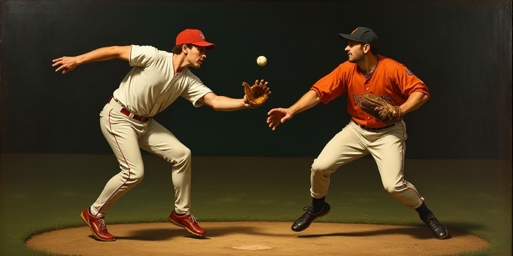 a baseball player is trying to catch a ball while another player is trying to catch it with his glov