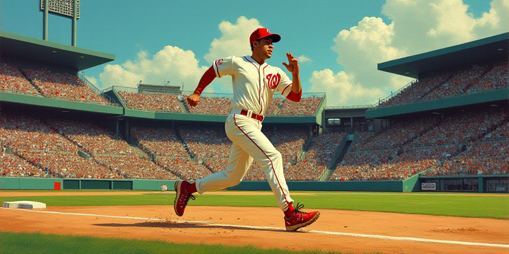 a baseball player running to first base during a game with a crowd watching him from the stands behi