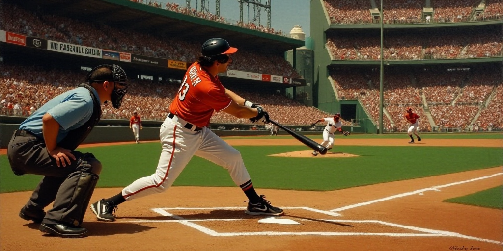 a baseball player swinging a bat on a field with a crowd watching him from the stands behind him and