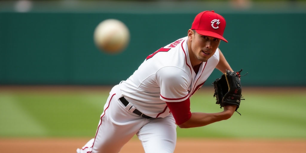 a baseball player throwing a ball on a field with a red hat on and a red and white uniform, Ceferí