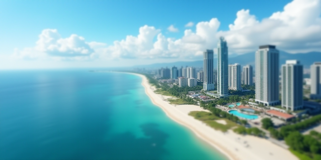 a beach and a city with tall buildings in the background and a blue sky with clouds in the backgroun