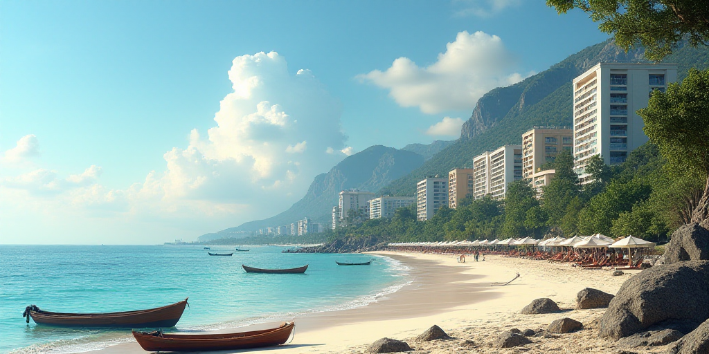 a beach with a bunch of buildings next to it and a body of water in the background with a few boats