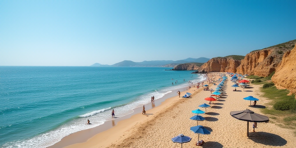a beach with a lot of people on it and some water and sand and some umbrellas and people in the wate